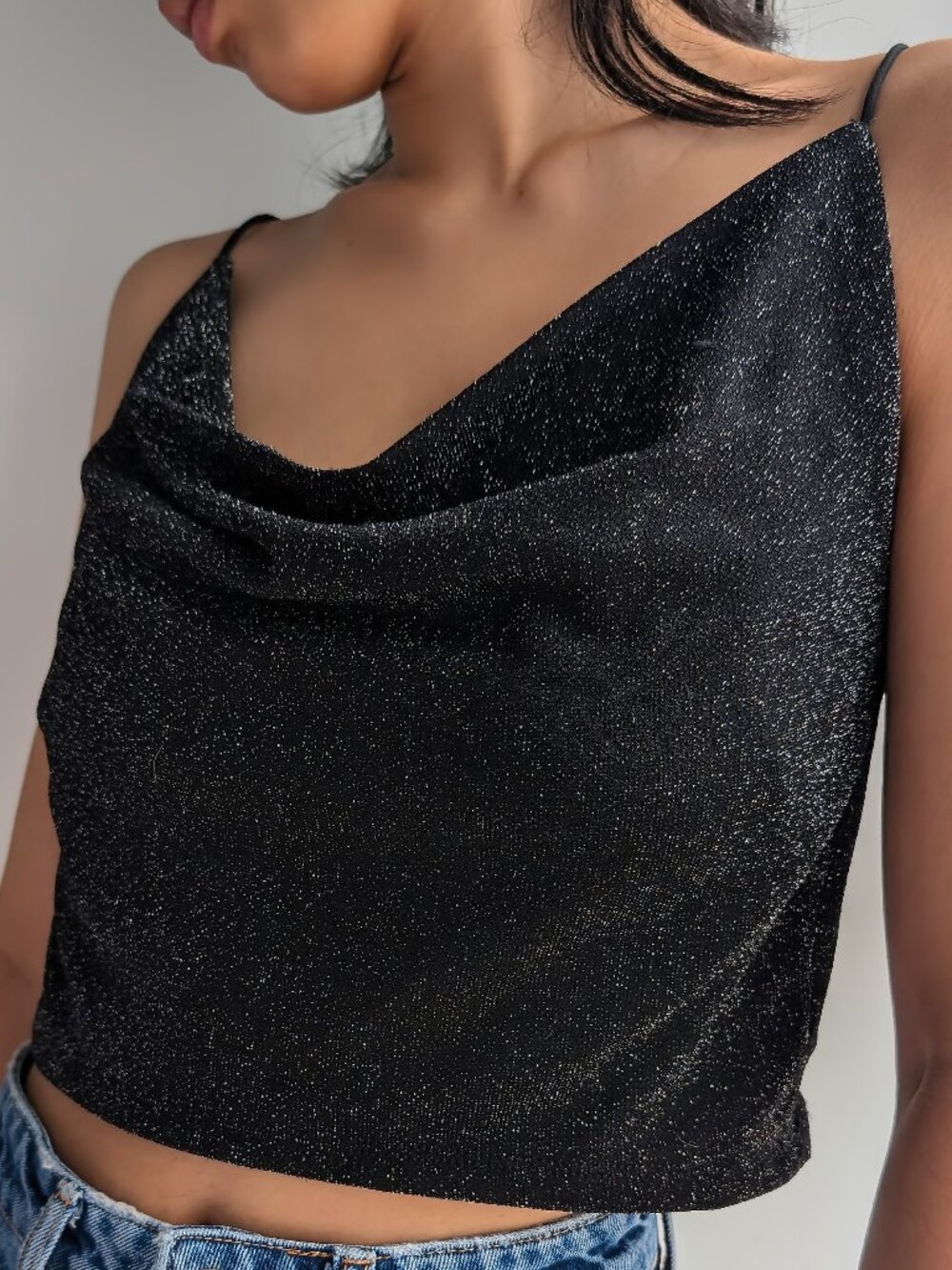 Shimmery Black Cowl Neck Metallic Tank Top